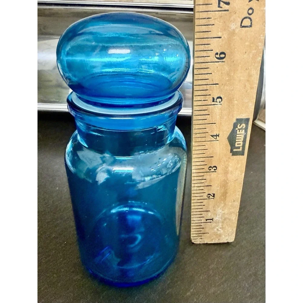Vintage Blue Apothecary Glass Jar Bubble Lid Canister 8.75